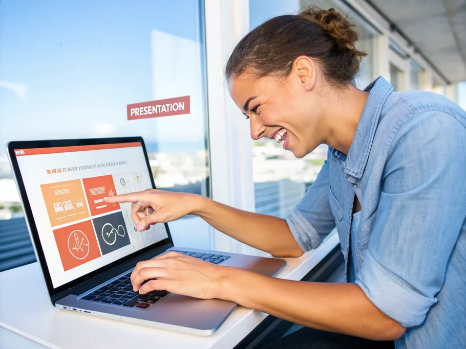 A young professional happily working on presentation software on a laptop.