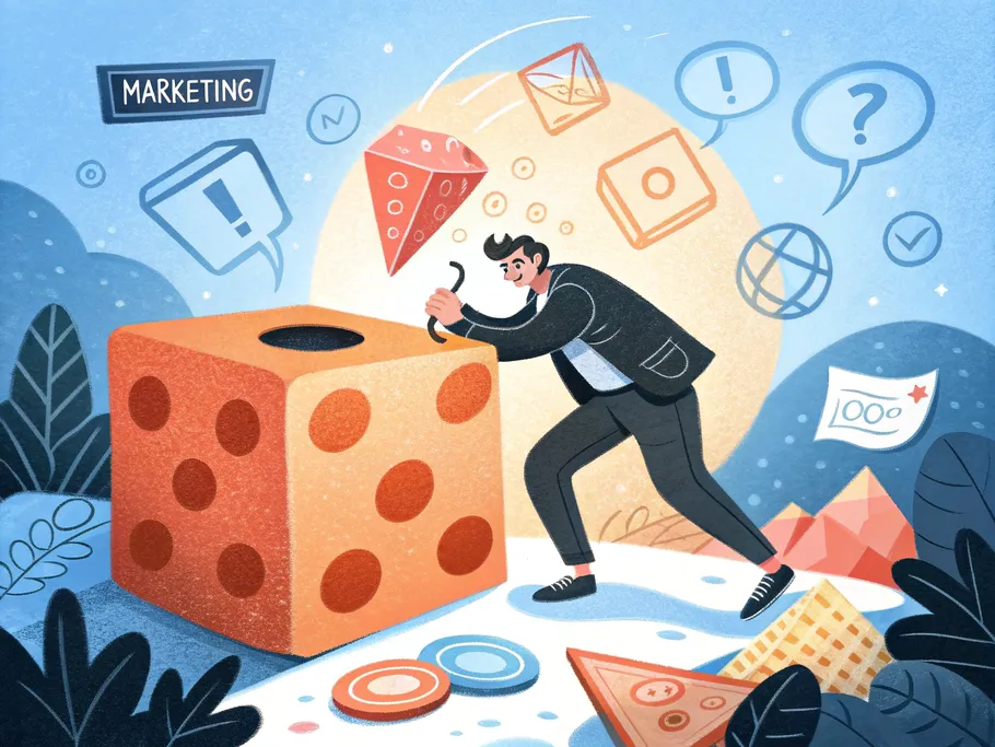 A humorous illustration of a marketer trying to fit a giant square peg into a small round hole, surrounded by various mismatched shapes, representing the challenges of undifferentiated marketing strategies.