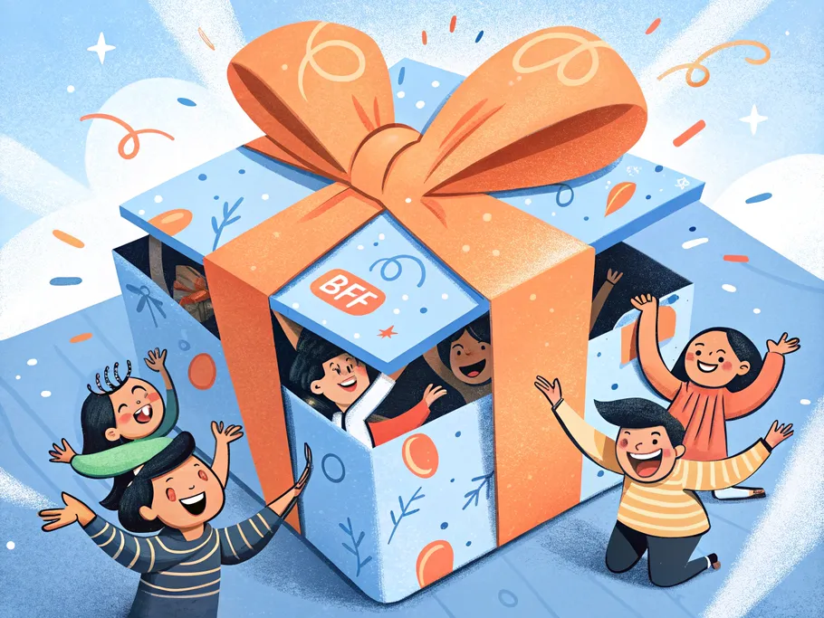 A whimsical illustration of a vibrant gift package filled with joyful customers, symbolizing the abundance of services.