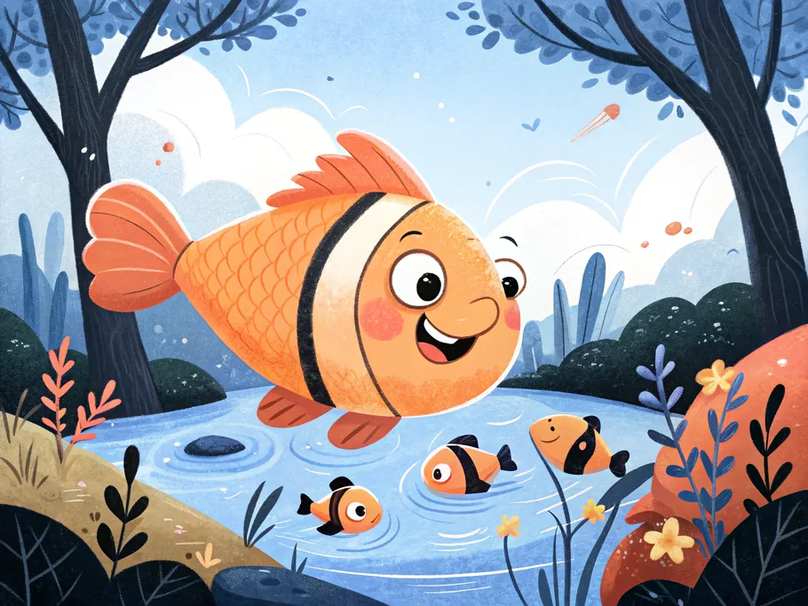 A giant, happy fish swims in a colorful pond with smaller fish surrounding it, symbolizing the unique characteristics of services.