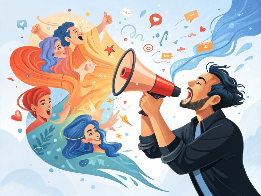 A passionate marketer using a megaphone to convey vibrant ideas and emotions.