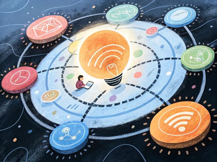Whimsical illustration representing digital community engagement with interconnected circles orbiting a glowing central element.