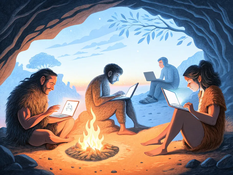 Prehistoric humans using modern laptops around a campfire in a cave, symbolizing the evolution of digital community engagement.