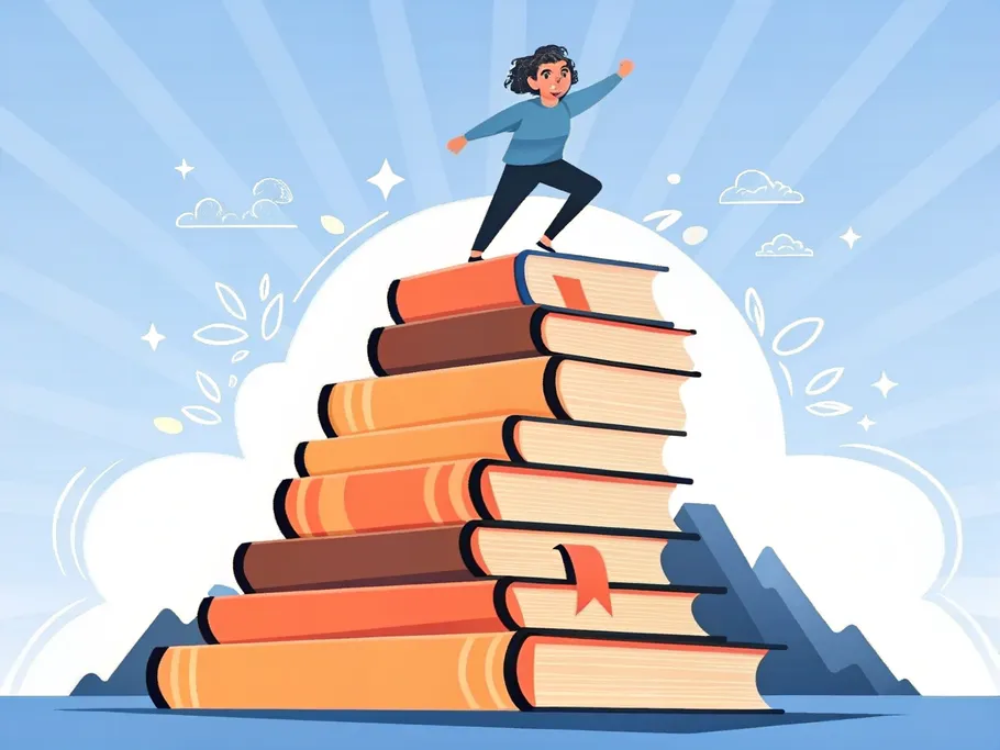 A tiny student celebrating at the peak of a mountain of books, symbolizing academic triumph.