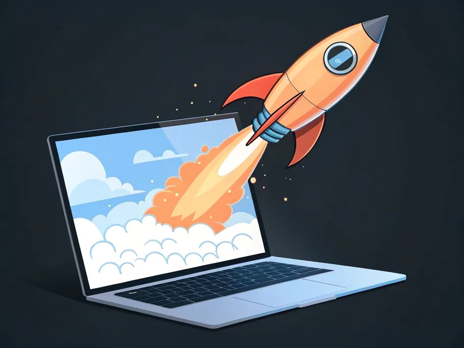 A sleek rocket ship blasting off from a laptop screen, symbolizing innovation and career development.