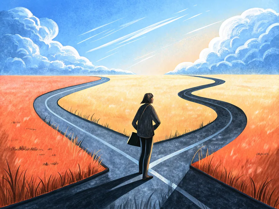 A person standing at a crossroads with multiple paths symbolizing various life choices.