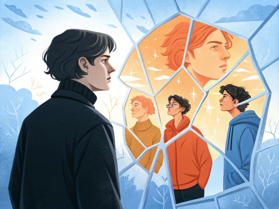 An individual gazing into a fragmented mirror reflecting different versions of themselves, representing self-discovery.