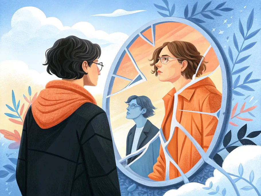 An individual gazing into a fragmented mirror, reflecting multiple selves with varying expressions and attire, symbolizing the journey of self-discovery.