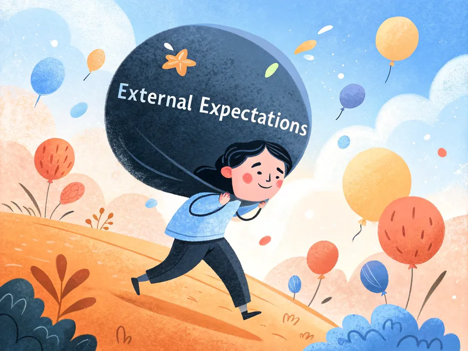 A tiny person carrying a gigantic weight labeled 'External Expectations' in a whimsical landscape filled with colorful balloons.