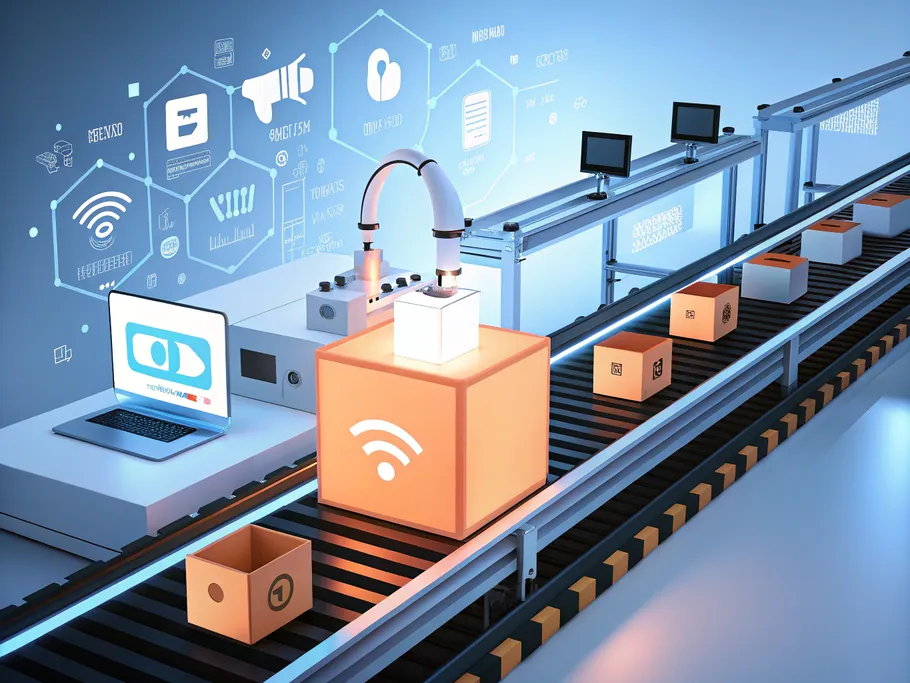 A modern assembly line in a high-tech factory, showcasing the transformation of content into various media formats.
