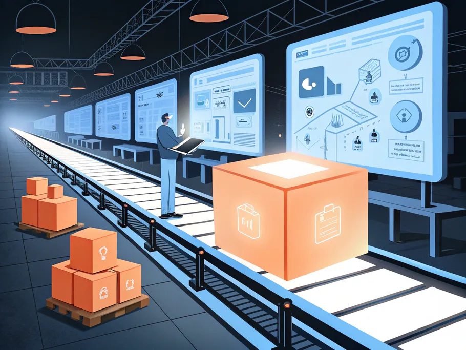 A modern assembly line in a high-tech factory conveying the transformation of content into various formats.