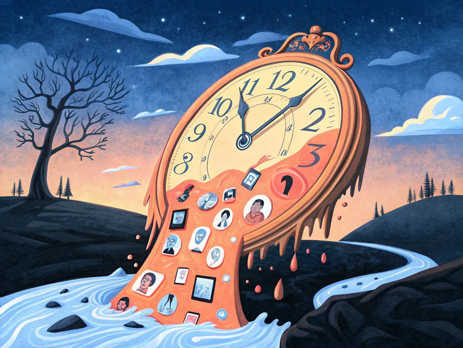 A surreal melting clock revealing tiny profile pictures, symbolizing decision fatigue in dating apps.