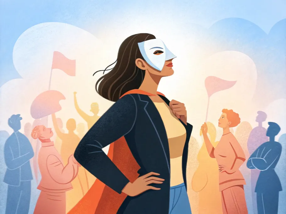 A confident woman wearing an incognito mask stands among a softly blurred crowd, symbolizing empowerment in online dating.