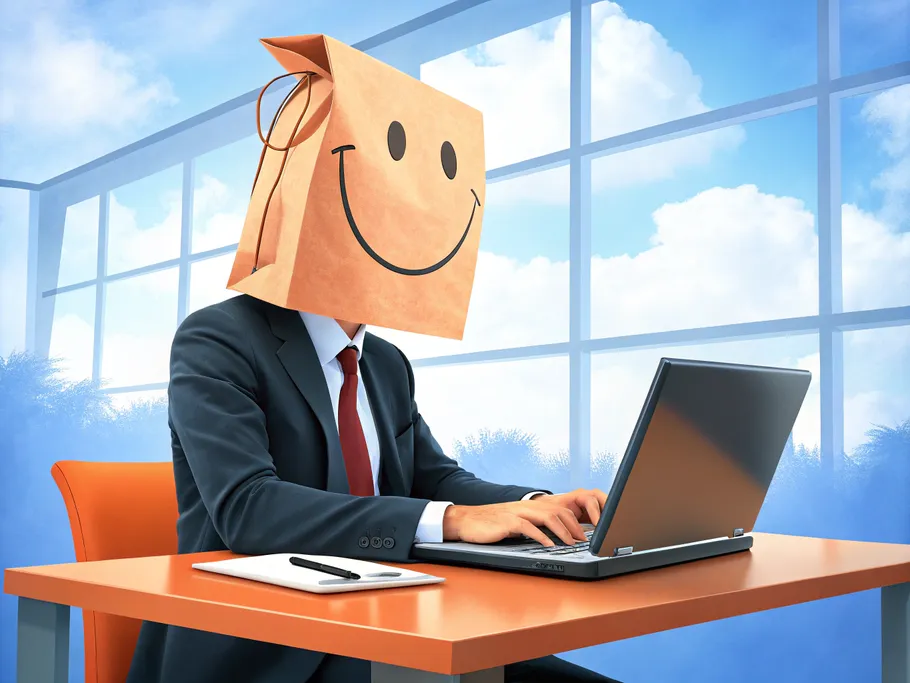 An office worker in a formal suit with a paper bag over their head featuring a smiley face, typing on a laptop at a modern desk.