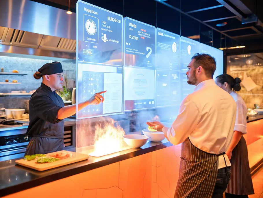 Chefs in a modern restaurant kitchen using holographic recipe screens and data analytics displays.