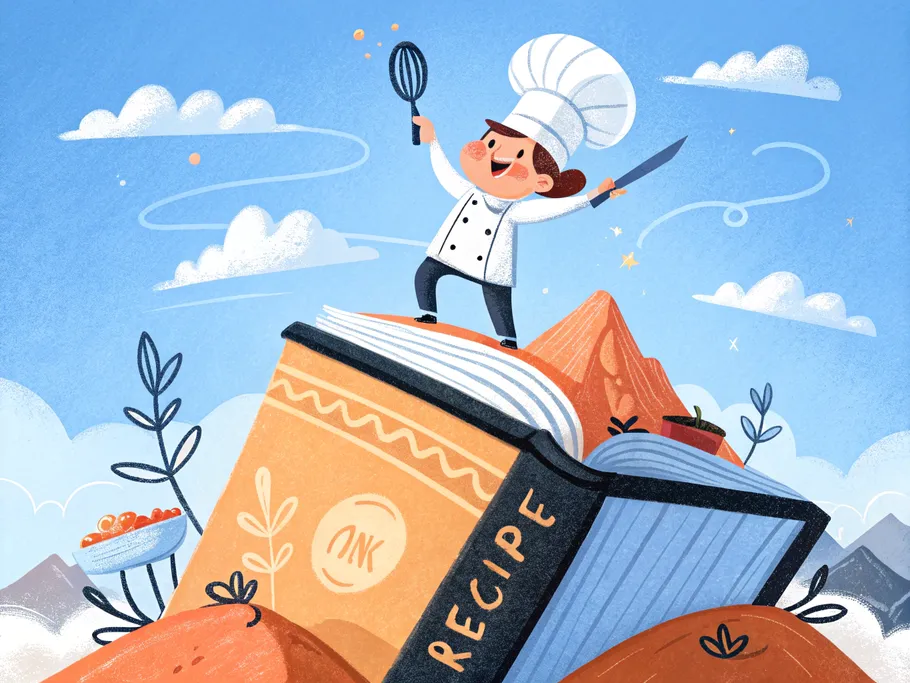 A tiny chef stands triumphantly atop a giant recipe book, symbolizing a centralized cooking system.
