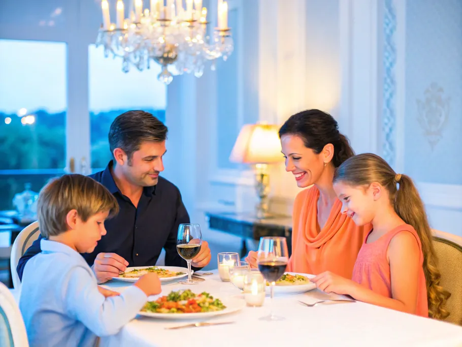 A family enjoying a gourmet meal at a dining table that blends home comfort with restaurant elegance.
