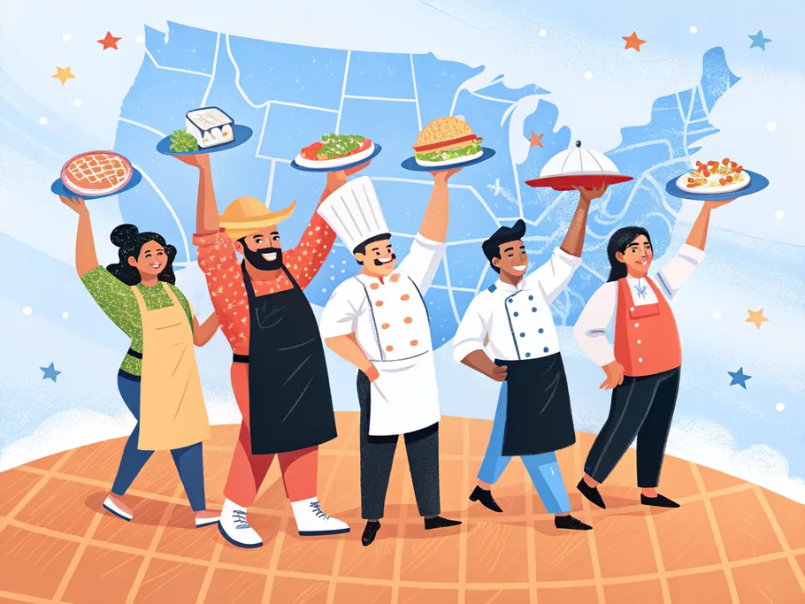 A diverse group of chefs standing on a stylized map of the United States, each holding their signature dish proudly.