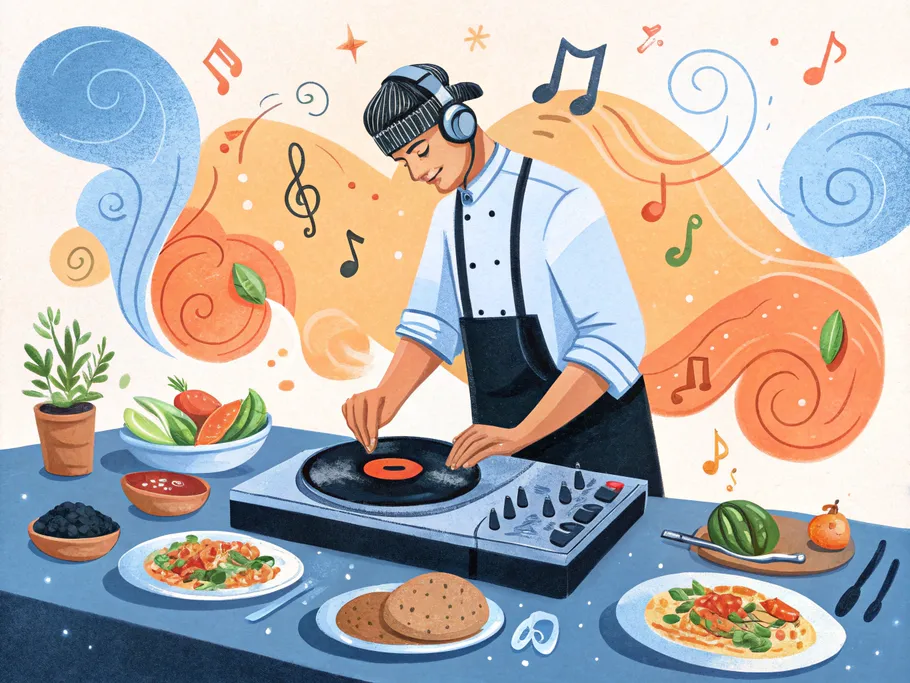 A whimsical chef wearing headphones stands at a turntable crafted from a kitchen stove, spinning gourmet plates instead of vinyl records, surrounded by colorful musical notes and culinary ingredients.