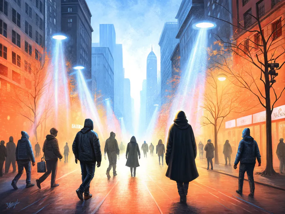 An abstract surreal scene of a city street filled with faceless figures, illuminated by ethereal beams of light, symbolizing anonymous website visitors and personalized experiences.