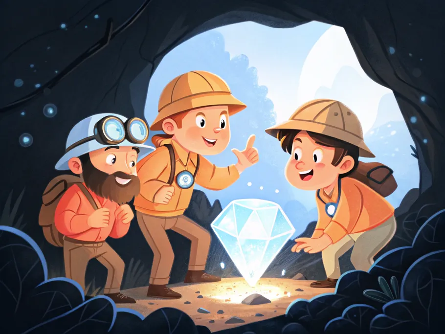 Three explorers in a dark cave discovering a glowing gem representing real-time customer engagement.