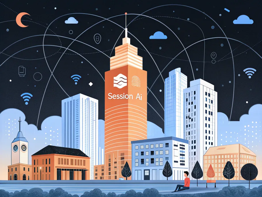 Surreal cityscape at night with buildings formed from data streams and customer interactions, featuring the Session AI logo.
