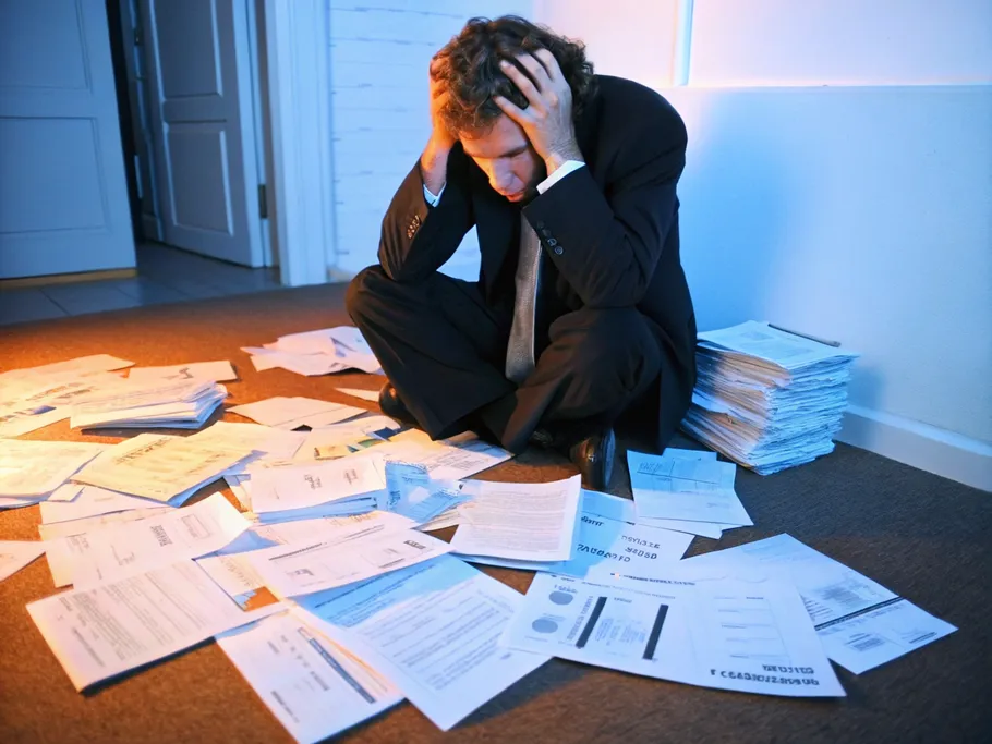 A frustrated businessperson overwhelmed by stacks of paper contracts and invoices.