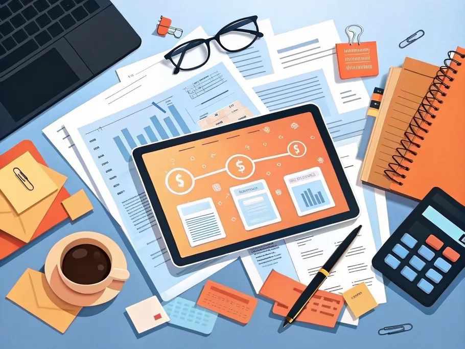A cluttered office desk filled with contracts, invoices, and digital tools, with a glowing tablet at the center showcasing organized workflows.
