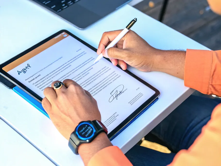 A hand signing a digital contract on a tablet, showcasing professionalism and modernity.