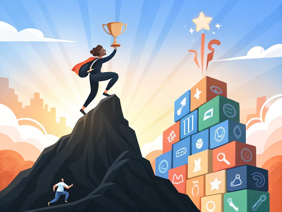 A person climbing a colorful mountain of data blocks towards a shiny trophy.