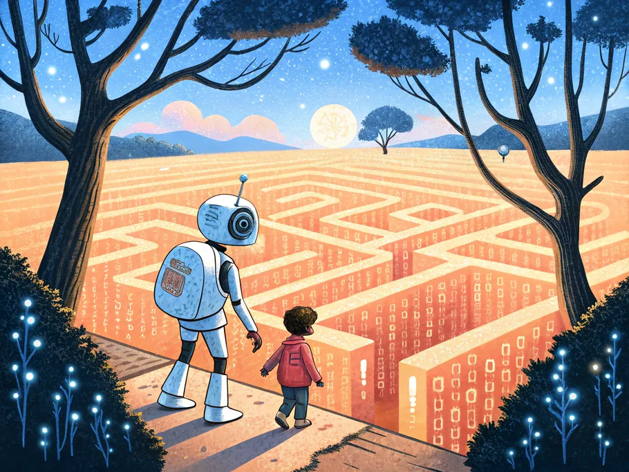 An AI robot mentor guides a curious learner through a labyrinth of floating data streams and binary code under a starry sky.