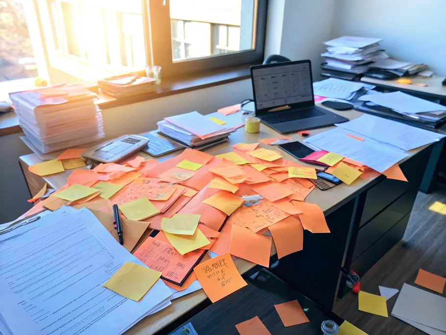 A chaotic office scene with a cluttered desk covered in sticky notes and disorganized paperwork, illustrating the challenge of siloed communication.