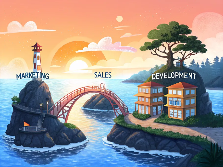 A surreal illustration depicting islands labeled 'Marketing', 'Sales', and 'Development', connected by colorful bridges over a calm sea at sunset.