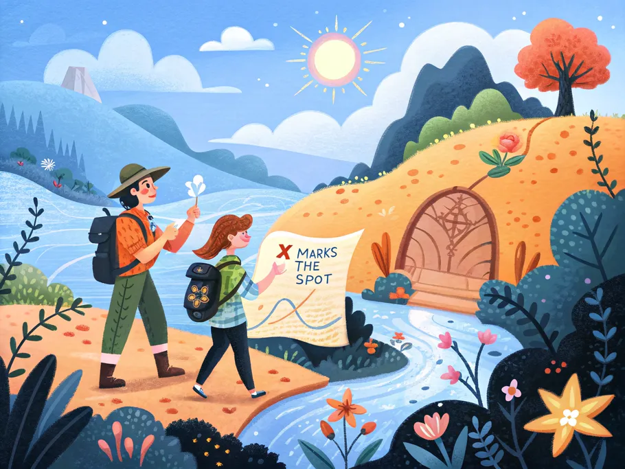 Explorers following a treasure map in a sunny landscape with colorful flora.