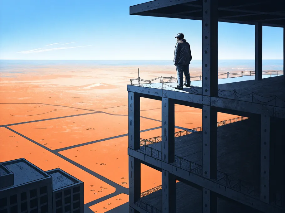 A miniature construction worker on a large building overlooking an empty landscape.