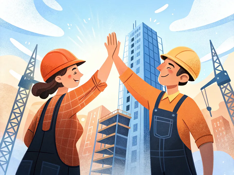Two cheerful construction workers high-fiving in front of a partially built skyscraper, symbolizing teamwork and collaboration.