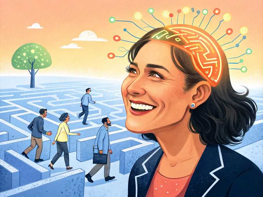 Illustrative image of a smiling woman with glowing circuits guiding managers through a maze.
