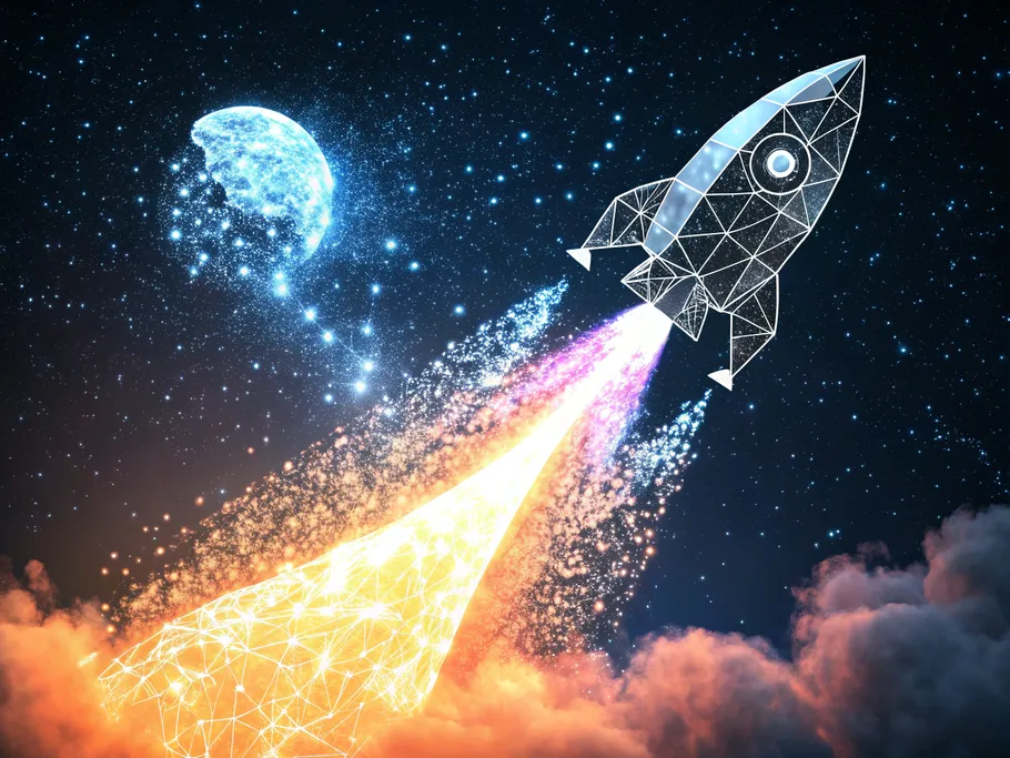 An abstract rocket ship soaring through a starry night sky, symbolizing ambition and growth.