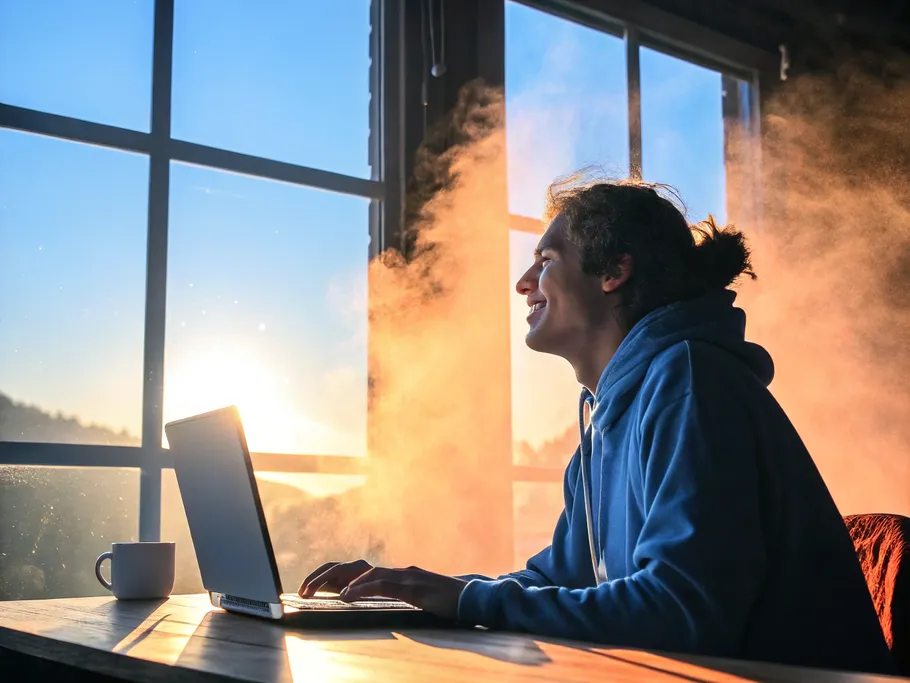 A person sitting at a desk in a serene environment, looking at a laptop with a relaxed expression as sunlight streams through the window.