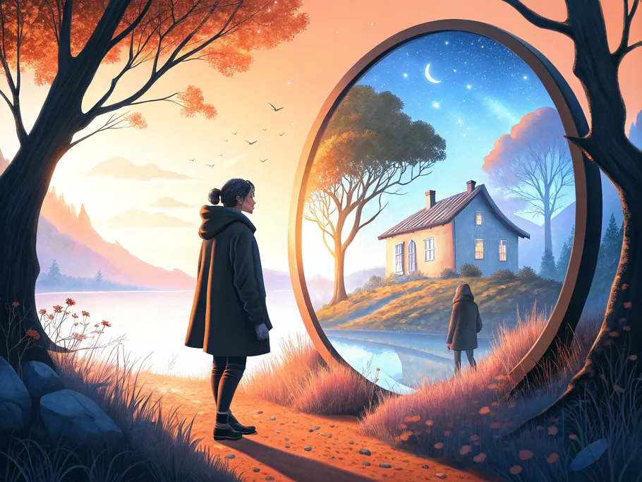A surreal image depicting a person gazing into a mirror showing a vibrant scene of their future self in an idyllic setting.