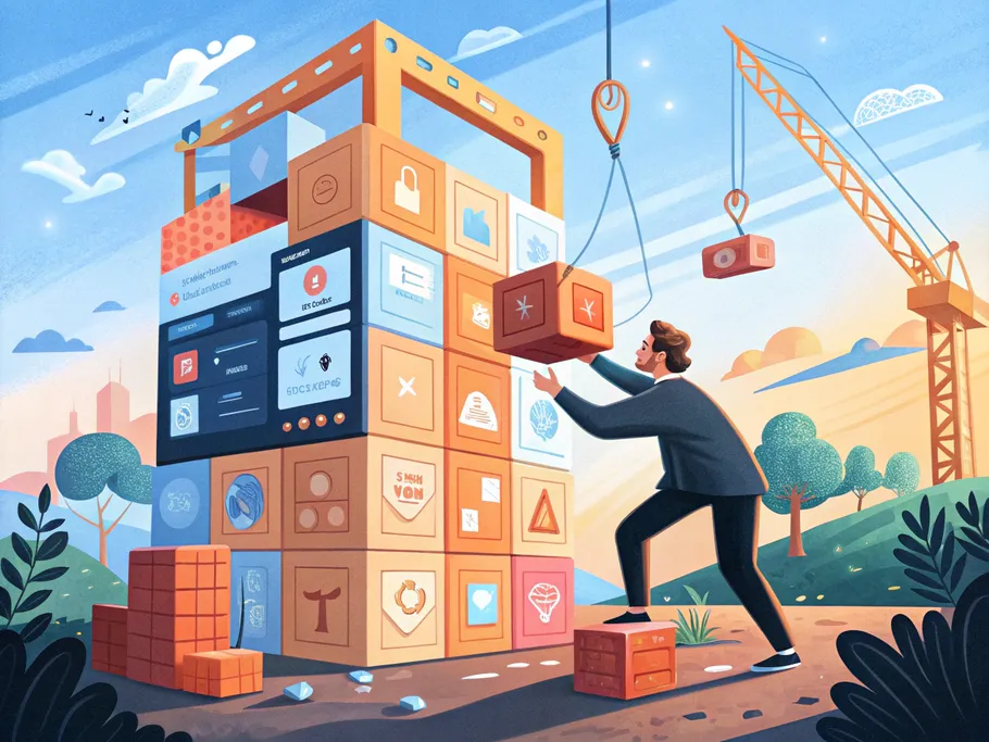 An entrepreneur assembling a whimsical structure with oversized blocks shaped like digital interface elements in a vibrant landscape.