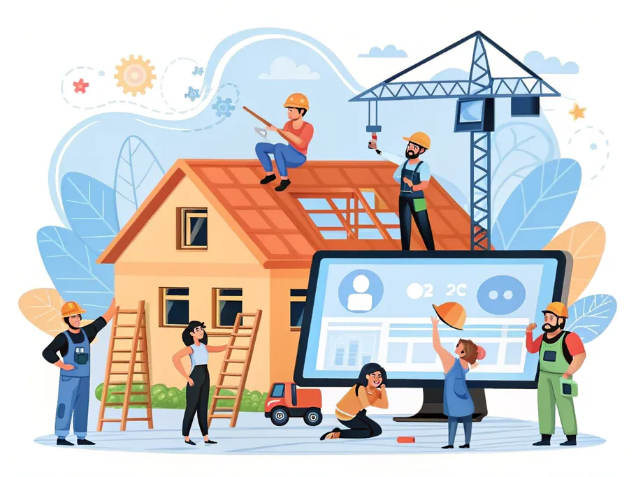 Illustrative scene of a website as a house under construction with diverse workers showcasing the process of website creation.