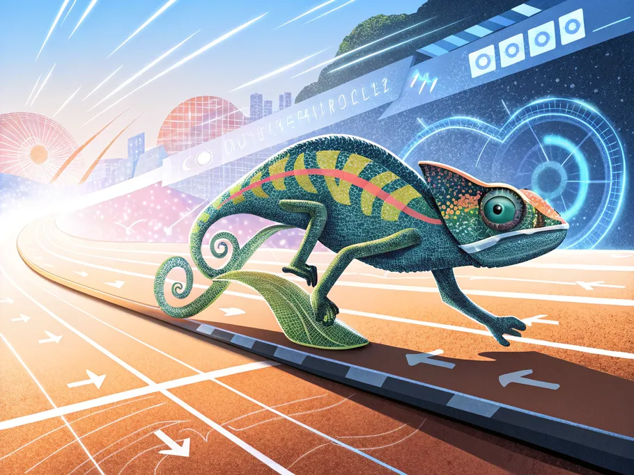 A vibrant chameleon on a digital racetrack, illustrating agility and adaptability in business.