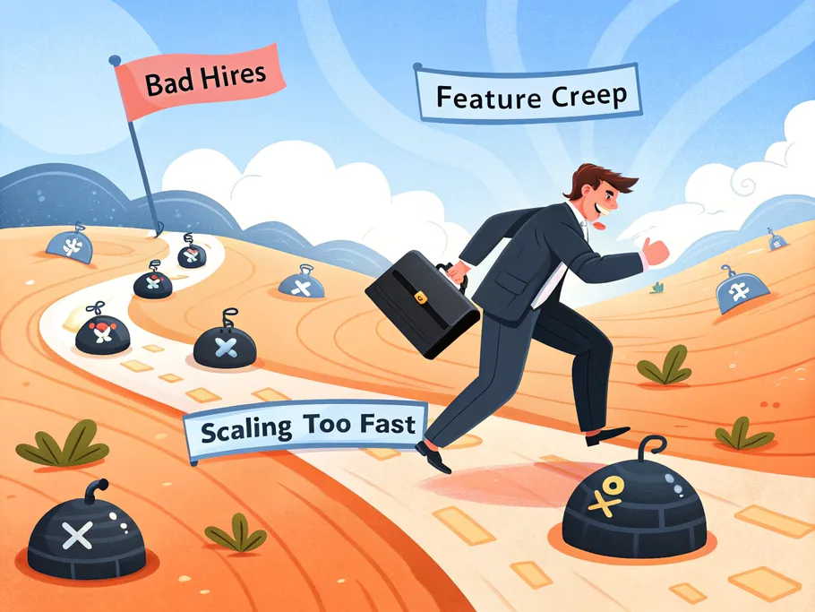 A businessperson navigating a whimsical minefield representing pitfalls in business scaling.