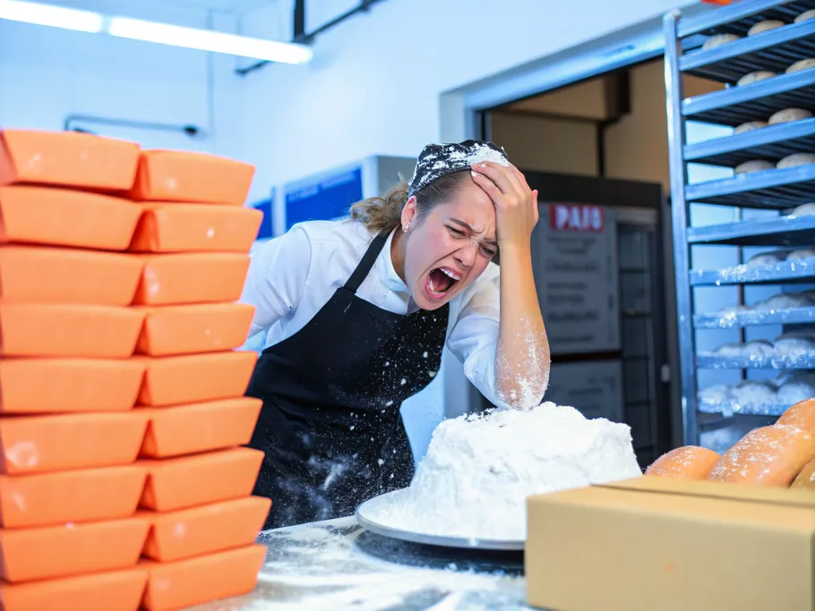 A stressed baker surrounded by overflowing orders and flour, contrasting with a clean, automated bakery in the background.