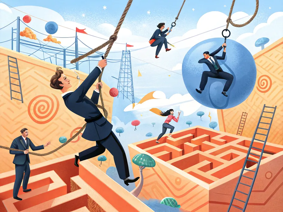 Business professionals navigating a colorful obstacle course representing the challenges of the B2B market.