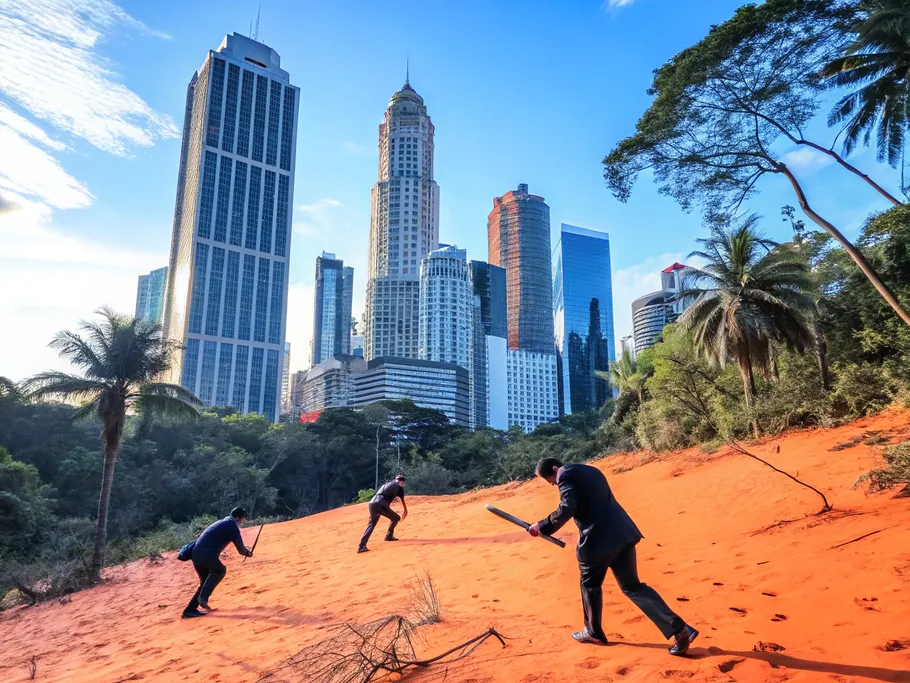 A surreal illustration of a jungle made of skyscrapers, with business people in suits navigating through it.