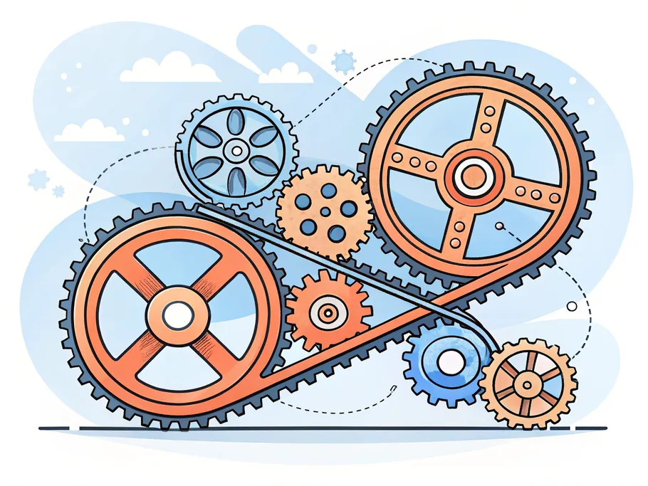 Minimalist illustration of interlocking gears symbolizing efficient systems and consistency in quality management.