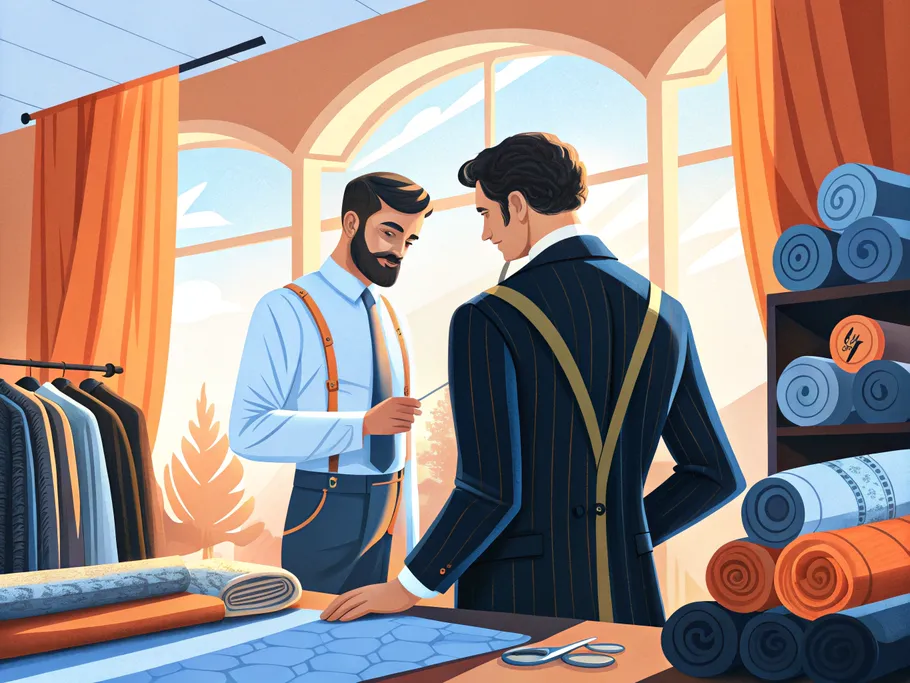 An illustration of a tailor fitting a client amidst luxurious fabrics and tailoring tools, symbolizing personalized quality.
