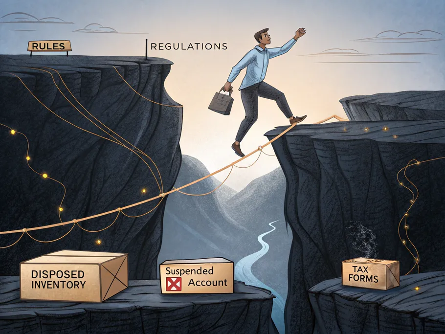 An entrepreneur walking a narrow tightrope over a chasm filled with disposed inventory, tax forms, and a suspended account sign, symbolizing the risks of Amazon FBA.